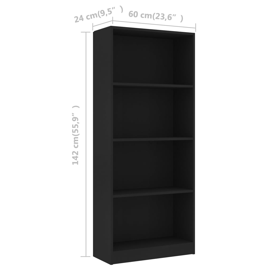 Bookcase with 4 shelves, black, 60 x 24 x 142 cm, chipboard