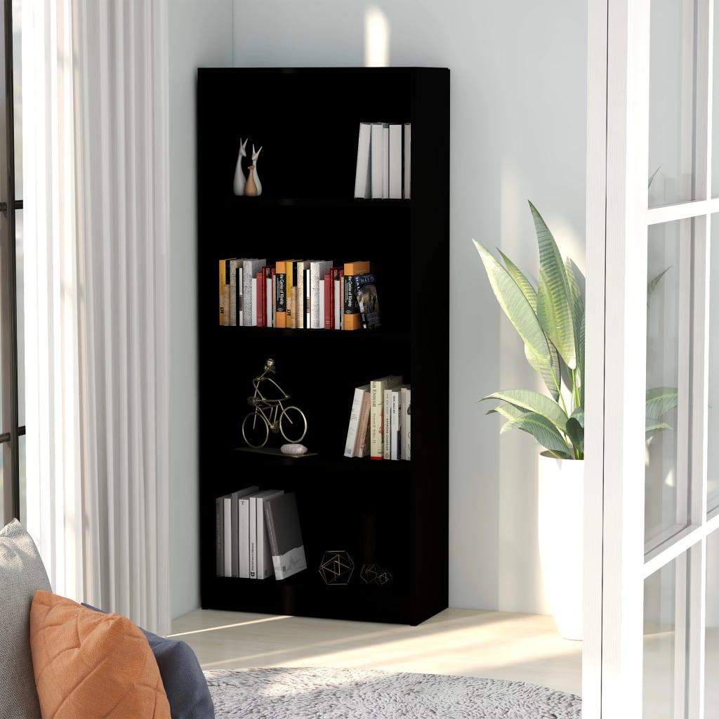 Bookcase with 4 shelves, black, 60 x 24 x 142 cm, chipboard