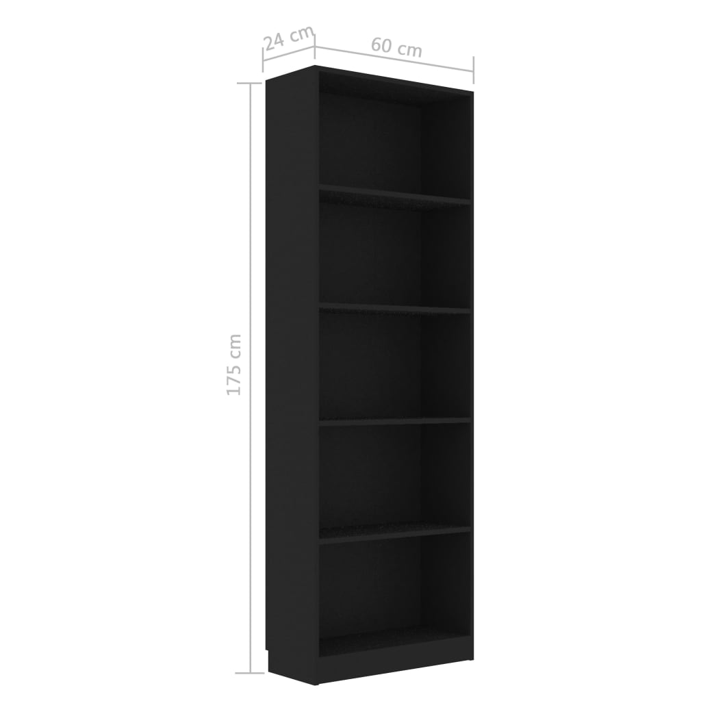 Bibliotecă cu 5 rafturi, negru, 60x24x175 cm, lemn prelucrat