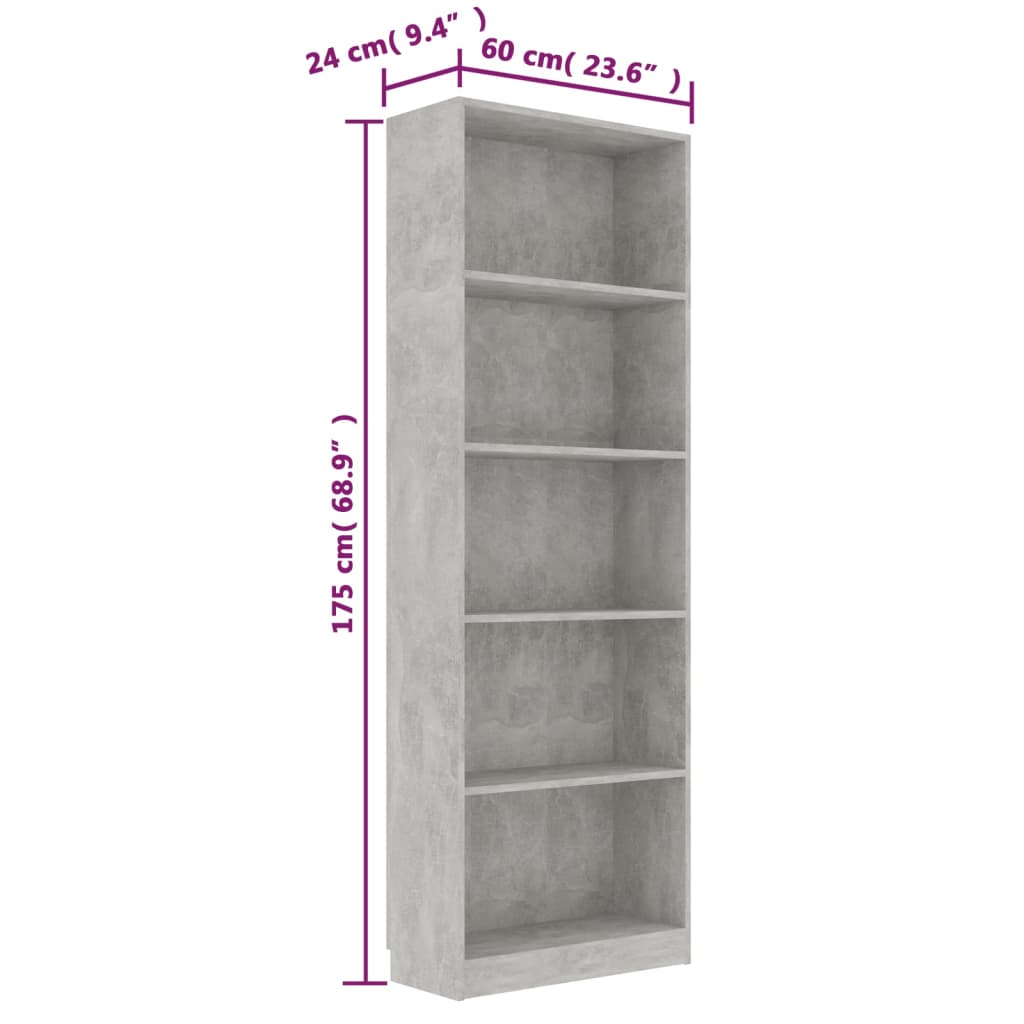 Bookcase with 5 shelves, concrete grey, 60x24x175 cm, chipboard