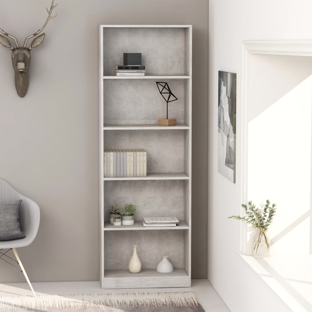 Bookcase with 5 shelves, concrete grey, 60x24x175 cm, chipboard