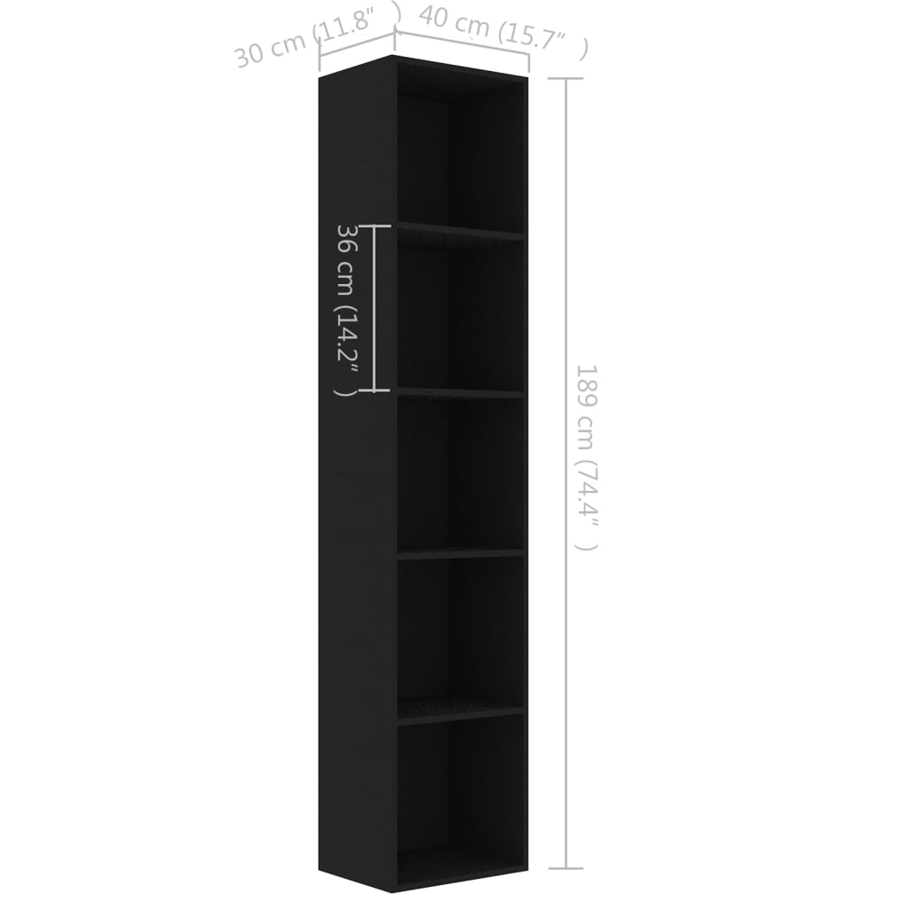 Bookcase, black, 40x30x189 cm, chipboard