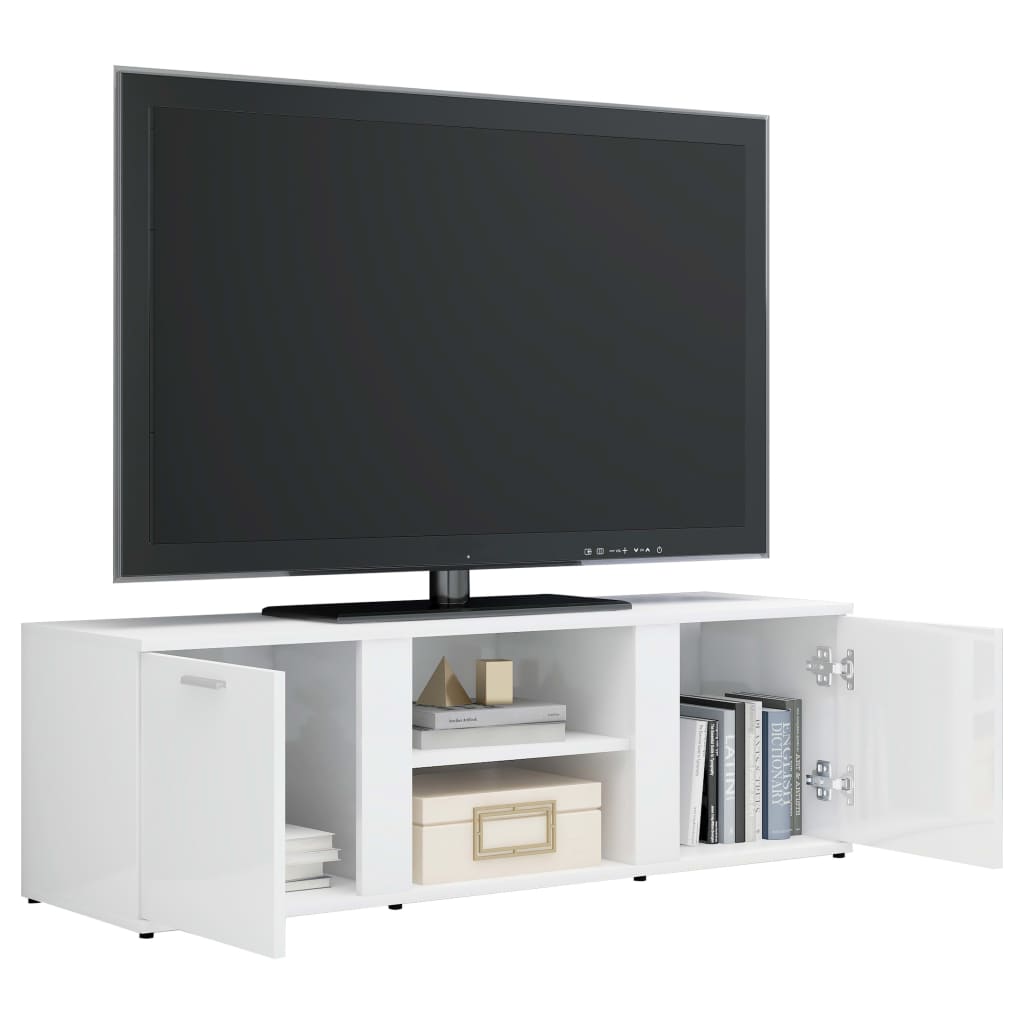 Dulap TV, alb extralucios, 120x34x37 cm, lemn prelucrat