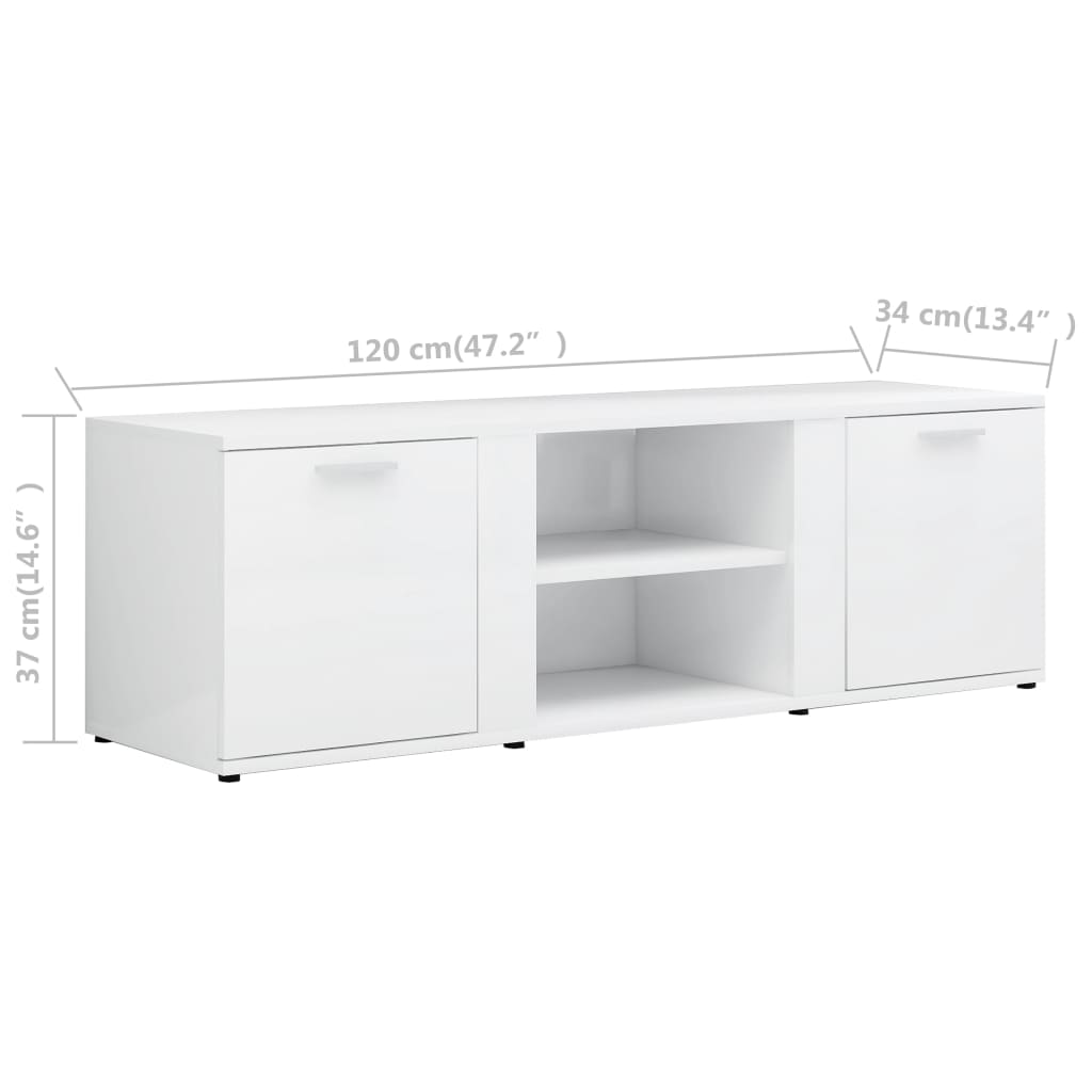 Dulap TV, alb extralucios, 120x34x37 cm, lemn prelucrat