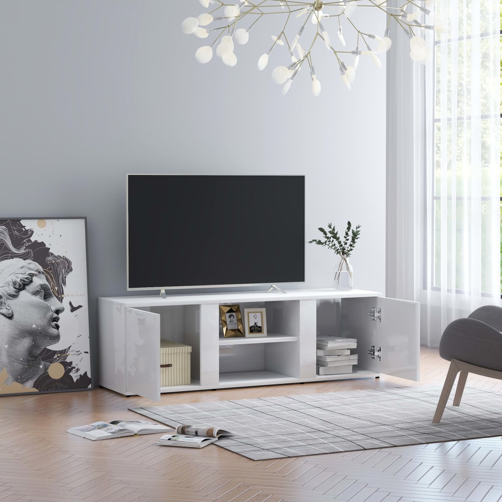 Dulap TV, alb extralucios, 120x34x37 cm, lemn prelucrat