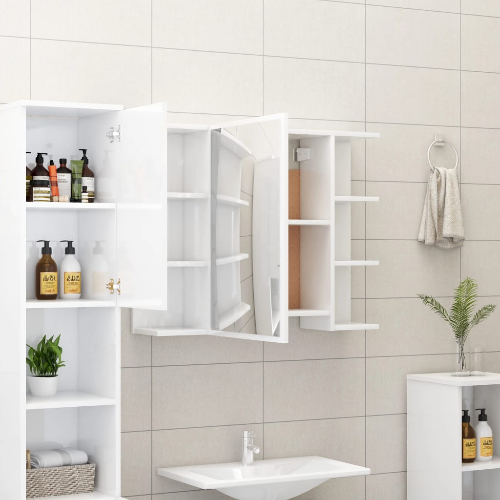 Bathroom cabinet with mirror, extra-glossy white, 80x20.5x64 cm, chipboard