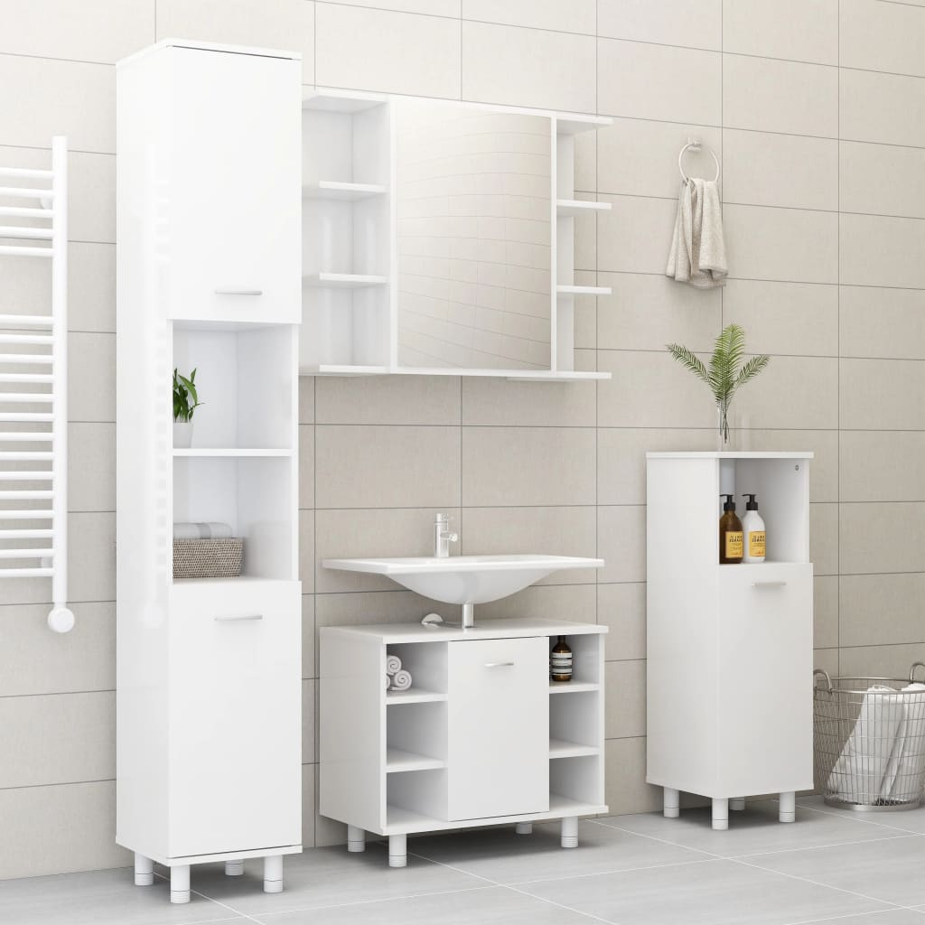 Bathroom cabinet with mirror, extra-glossy white, 80x20.5x64 cm, chipboard