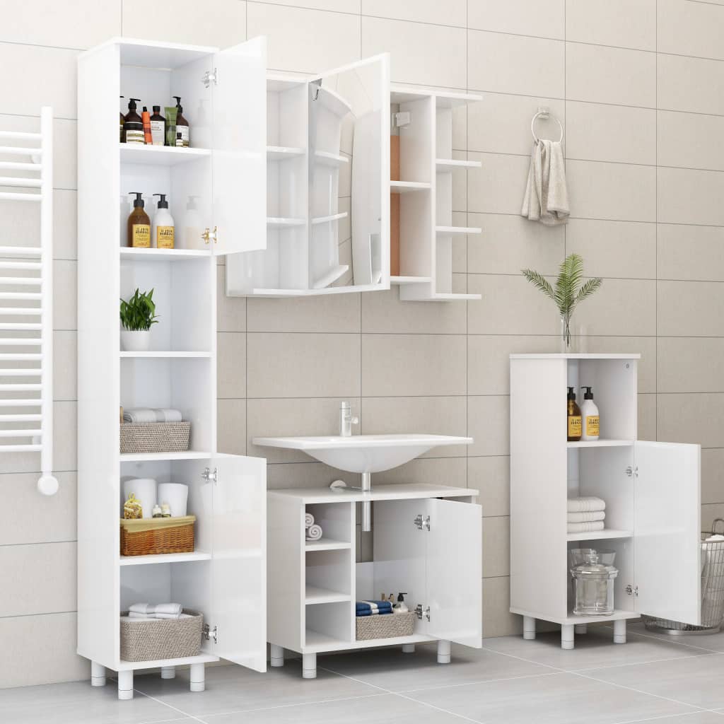 Bathroom cabinet with mirror, extra-glossy white, 80x20.5x64 cm, chipboard