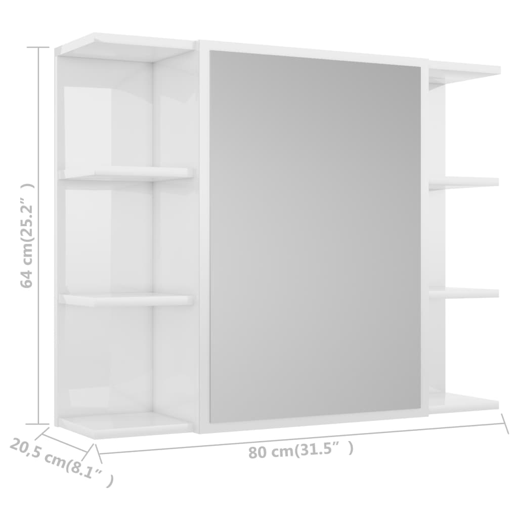 Bathroom cabinet with mirror, extra-glossy white, 80x20.5x64 cm, chipboard