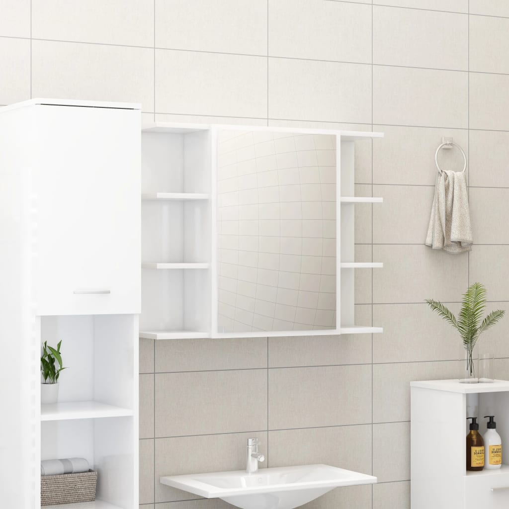 Bathroom cabinet with mirror, extra-glossy white, 80x20.5x64 cm, chipboard