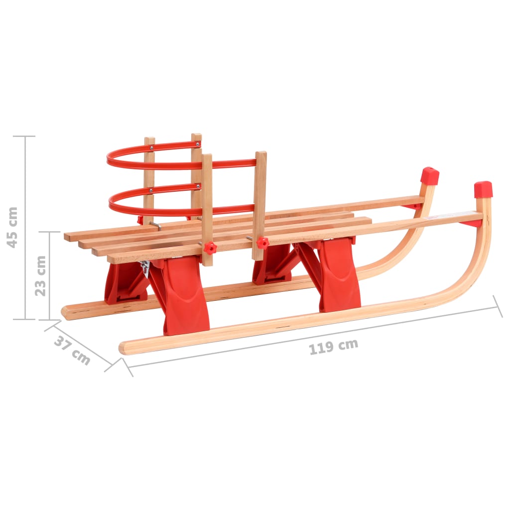 Folding snow sled with backrest, 119 cm, wood
