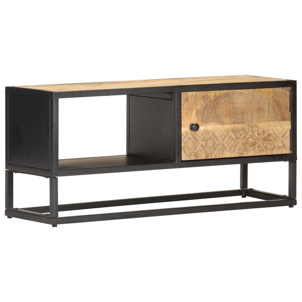 Comodă TV cu ușă sculpată, 90 x 30 x 40 cm, lemn de mango brut