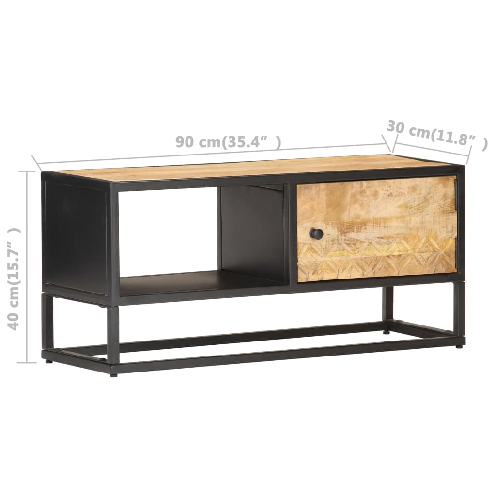 Comodă TV cu ușă sculpată, 90 x 30 x 40 cm, lemn de mango brut