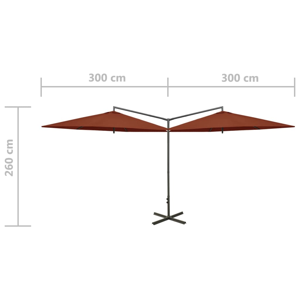 Umbrelă de soare dublă, stâlp din oțel, cărămiziu, 600 cm
