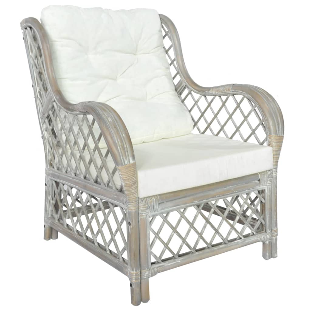 Sofa with cushion, gray, natural rattan and linen