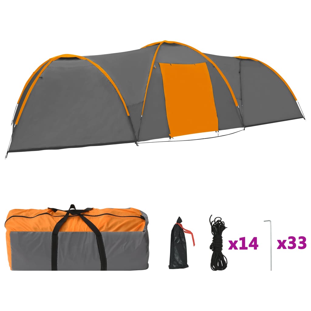 Igloo camping tent, 8 pers., grey/orange, 650x240x190 cm