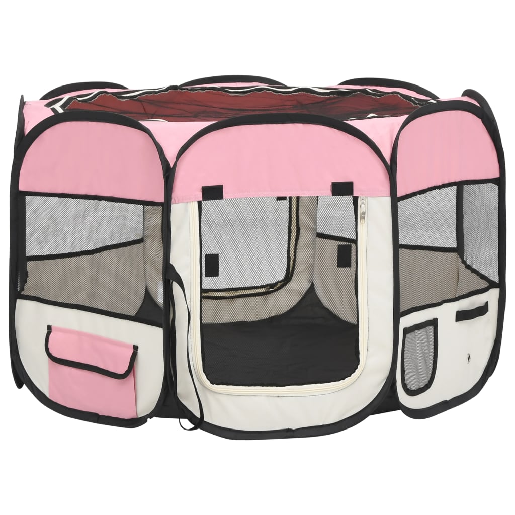 Foldable dog playpen with pink transport bag 90x90x58 cm