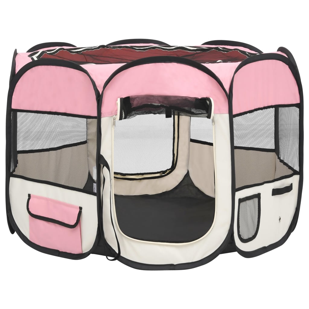 Foldable dog playpen with pink transport bag 90x90x58 cm