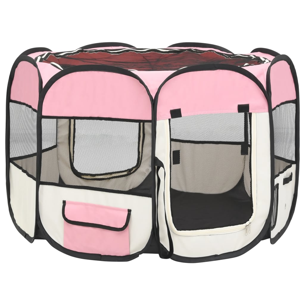 Foldable dog playpen with pink transport bag 90x90x58 cm
