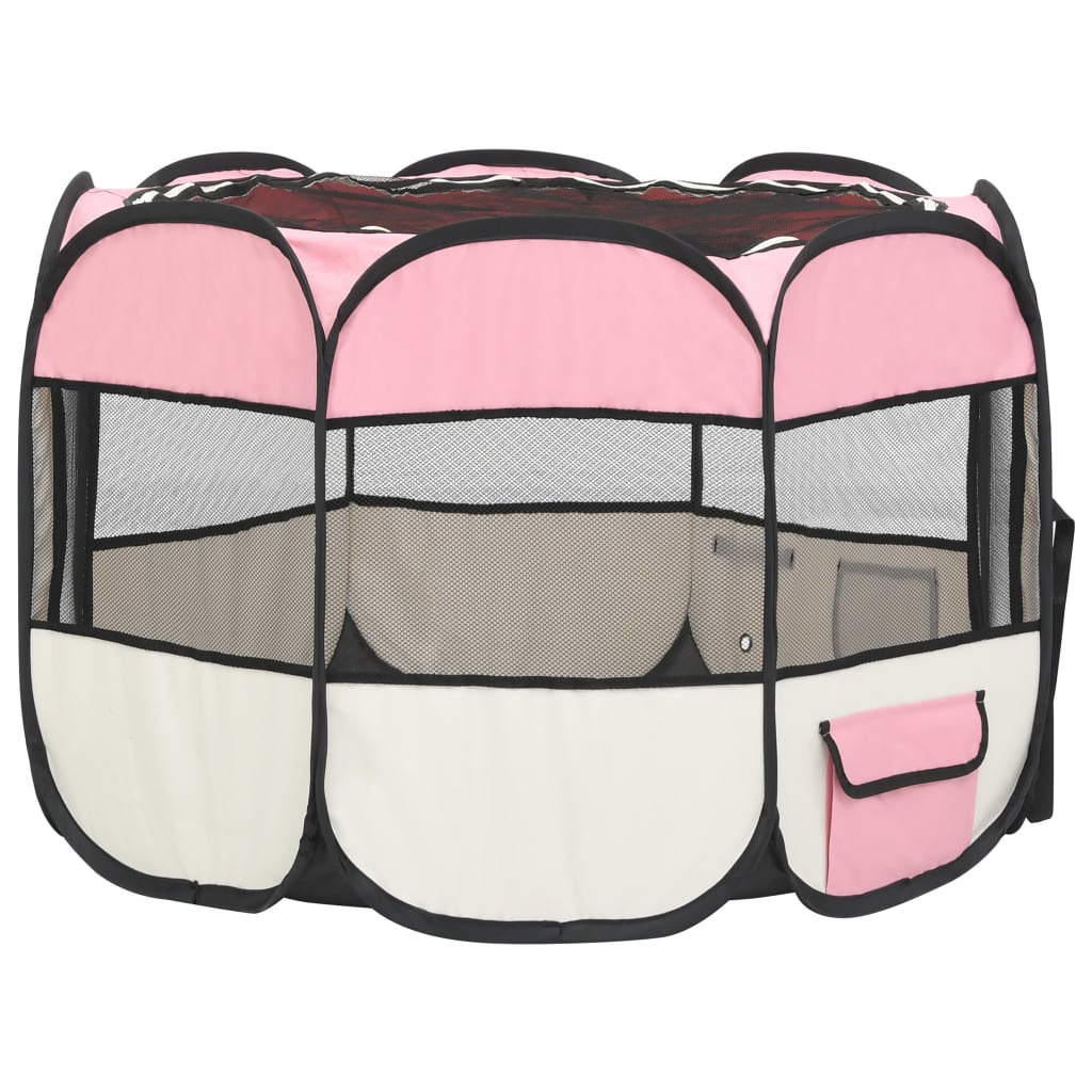Foldable dog playpen with pink transport bag 90x90x58 cm