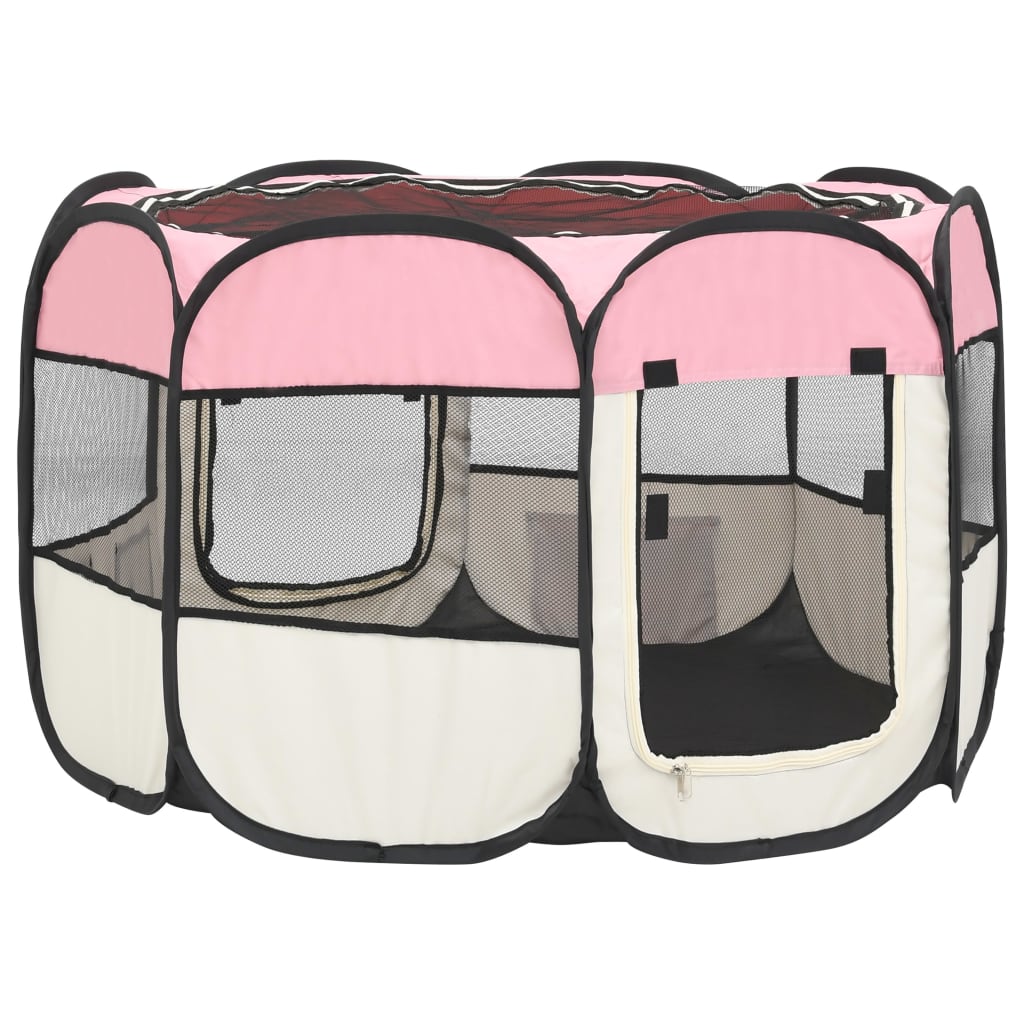 Foldable dog playpen with pink transport bag 90x90x58 cm