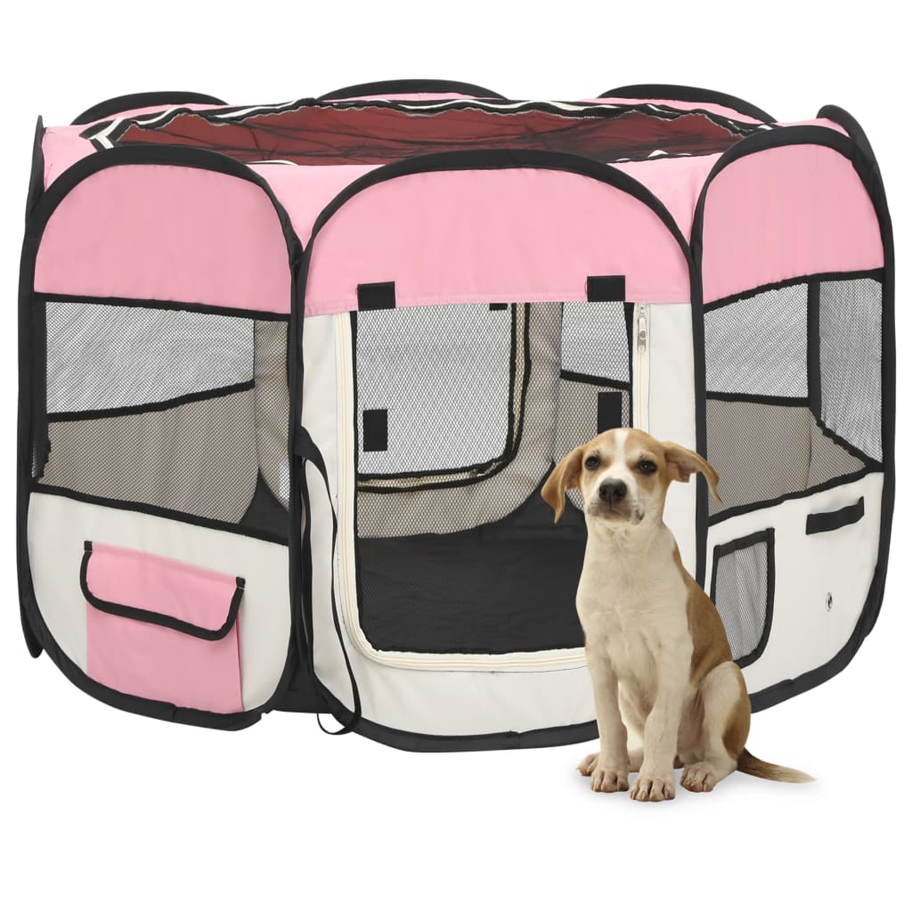Foldable dog playpen with pink transport bag 90x90x58 cm