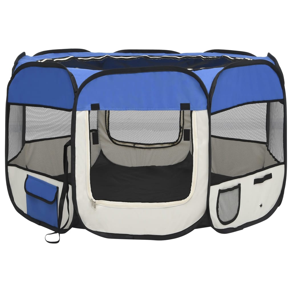 Foldable dog playpen with blue transport bag 110x110x58 cm