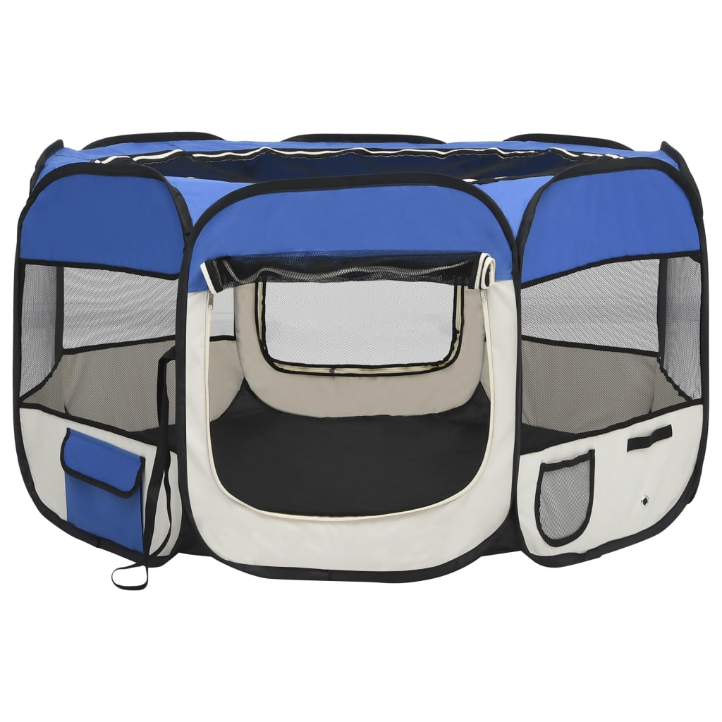 Foldable dog playpen with blue transport bag 110x110x58 cm