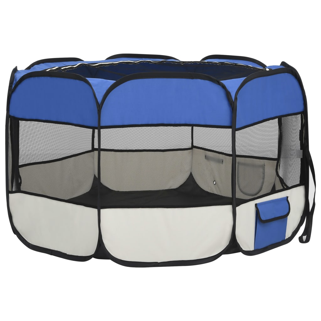 Foldable dog playpen with blue transport bag 110x110x58 cm