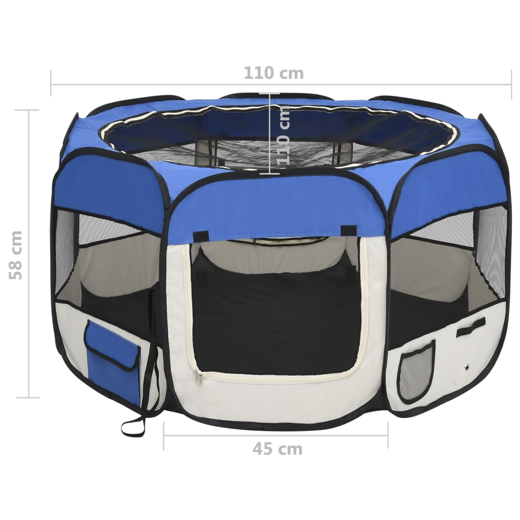 Foldable dog playpen with blue transport bag 110x110x58 cm