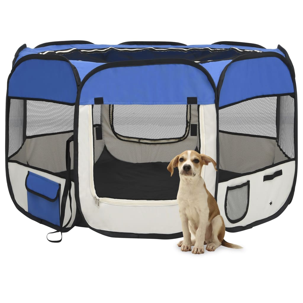 Foldable dog playpen with blue transport bag 110x110x58 cm