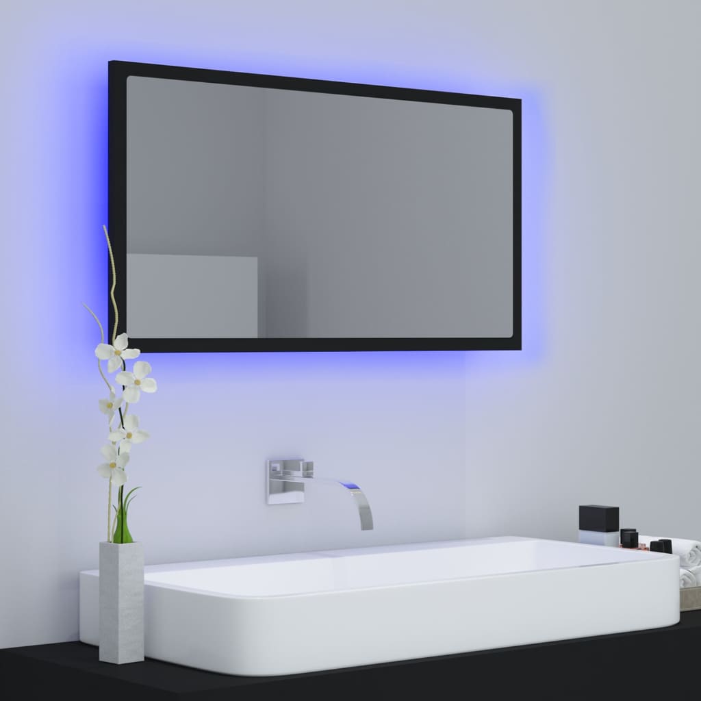 Oglindă de baie cu LED, negru, 80x8,5x37 cm, acril