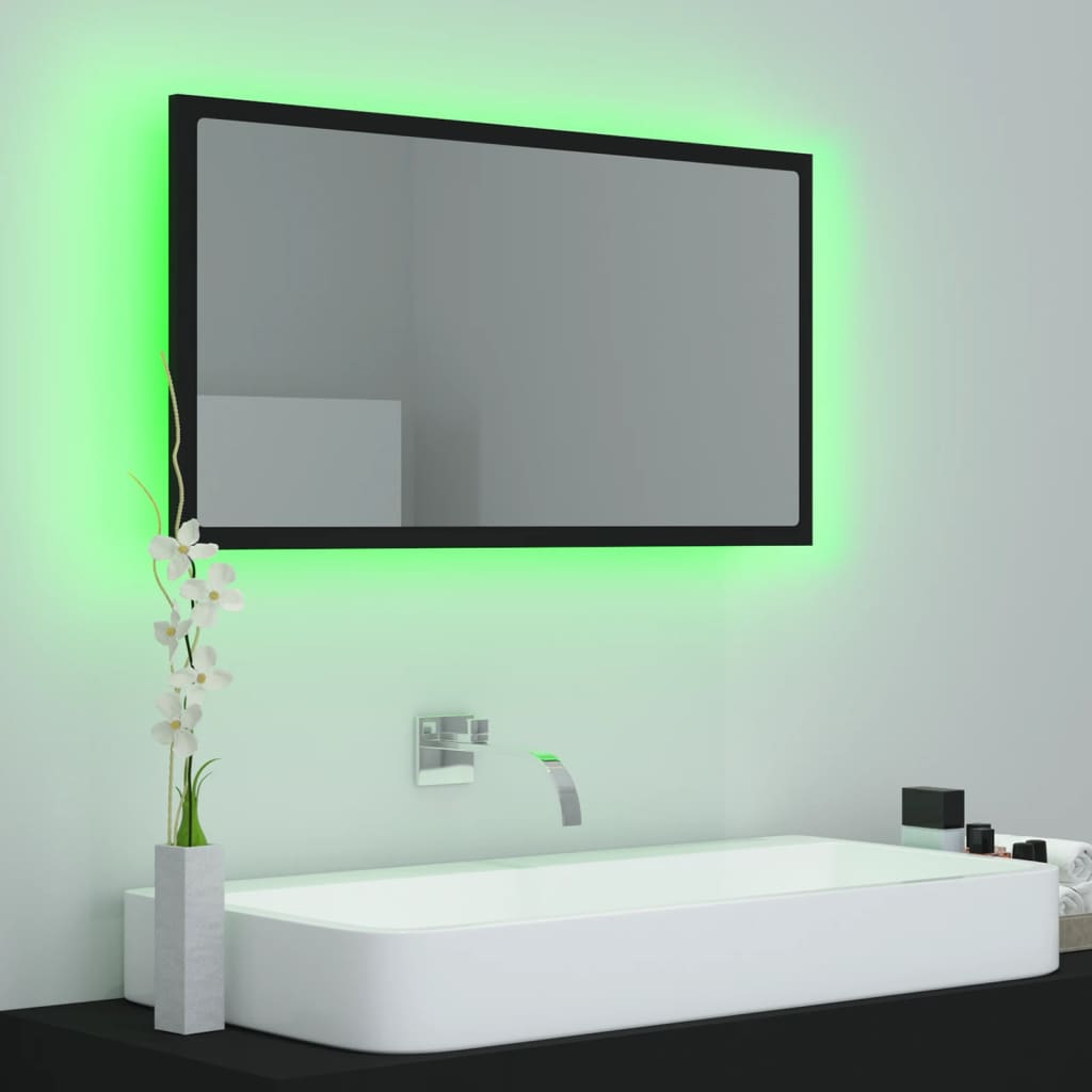 Oglindă de baie cu LED, negru, 80x8,5x37 cm, acril