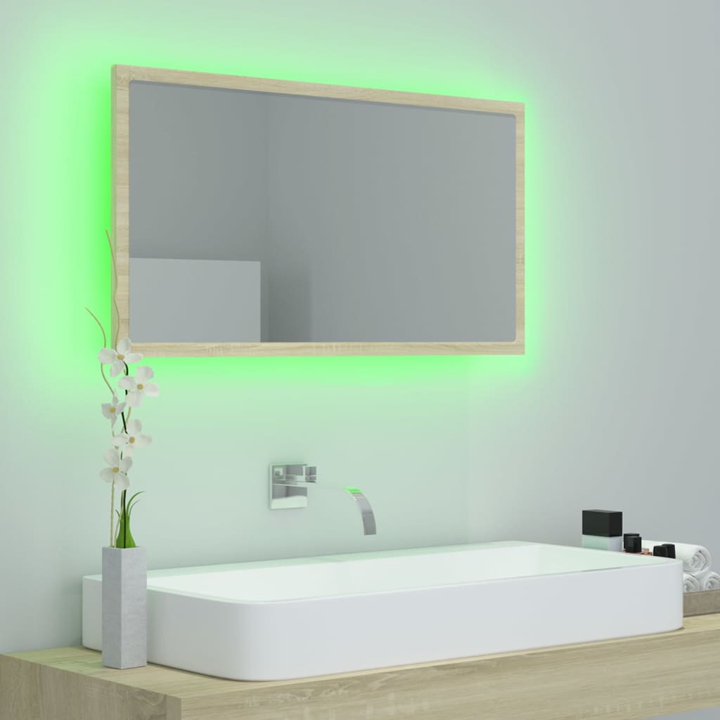 Oglindă de baie cu LED, stejar sonoma, 80x8,5x37 cm, acril