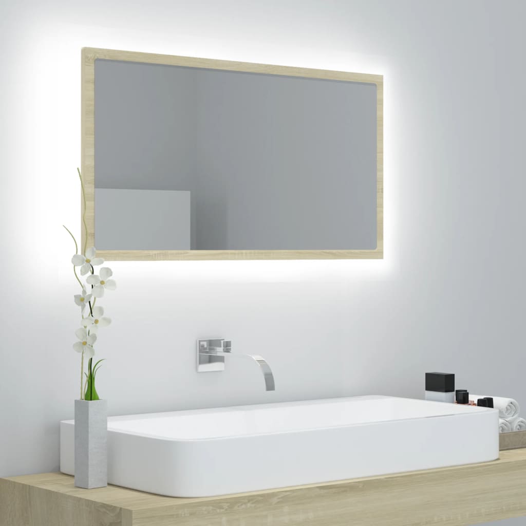 Oglindă de baie cu LED, stejar sonoma, 80x8,5x37 cm, acril