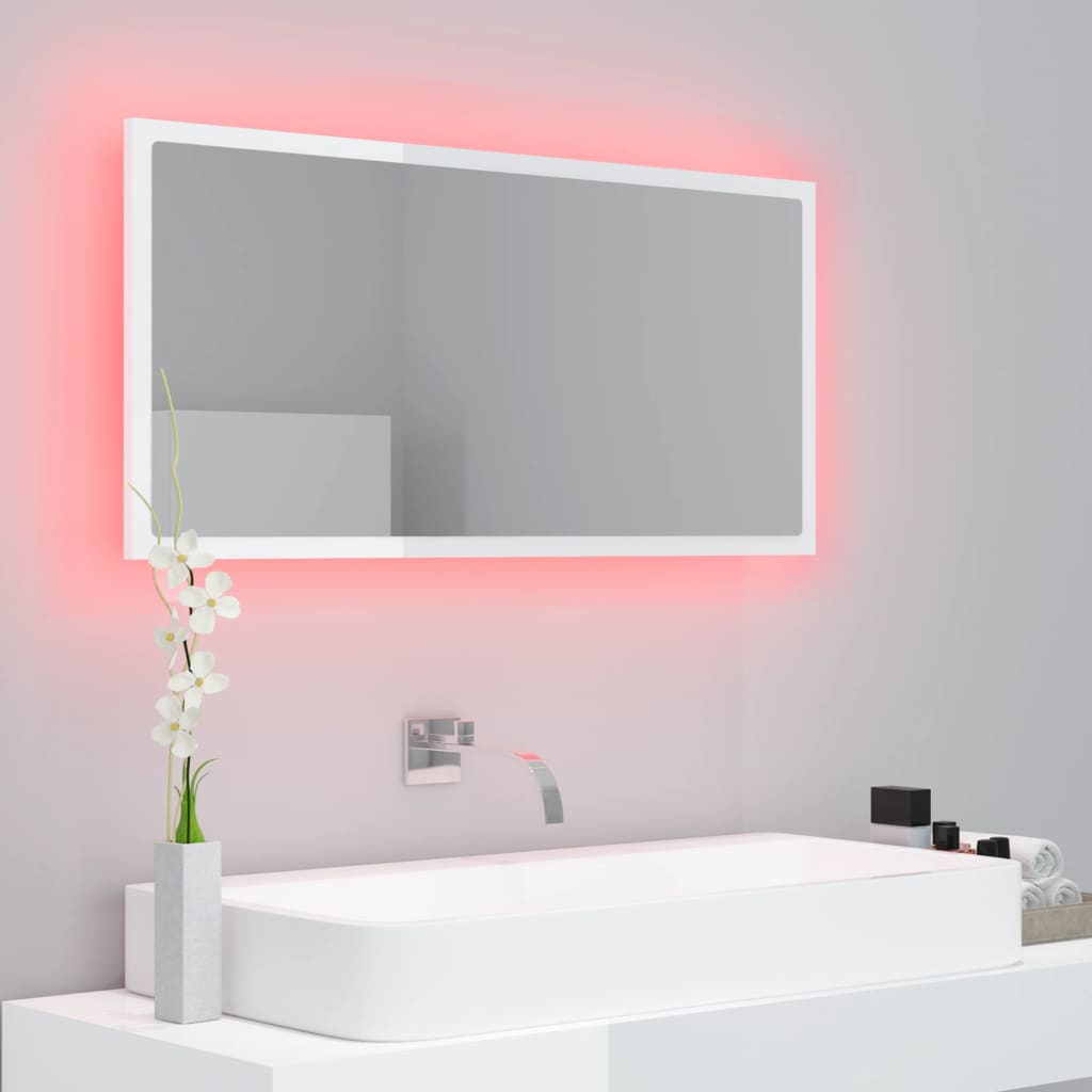 LED bathroom mirror, extra-glossy white, 90x8.5x37 cm, acrylic