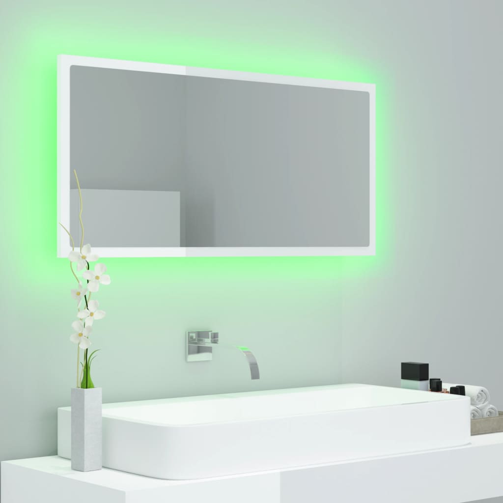 LED bathroom mirror, extra-glossy white, 90x8.5x37 cm, acrylic