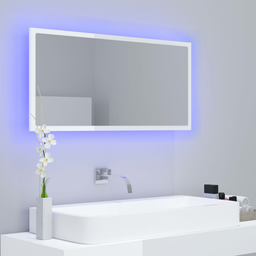 LED bathroom mirror, extra-glossy white, 90x8.5x37 cm, acrylic