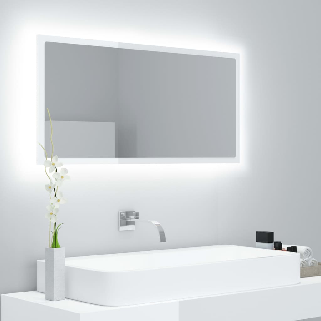 LED bathroom mirror, extra-glossy white, 90x8.5x37 cm, acrylic