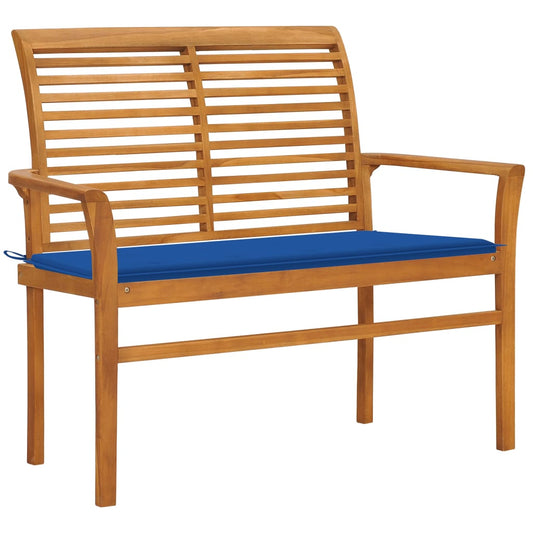 Bancă grădină, pernă albastru regal, 112 cm, lemn masiv tec