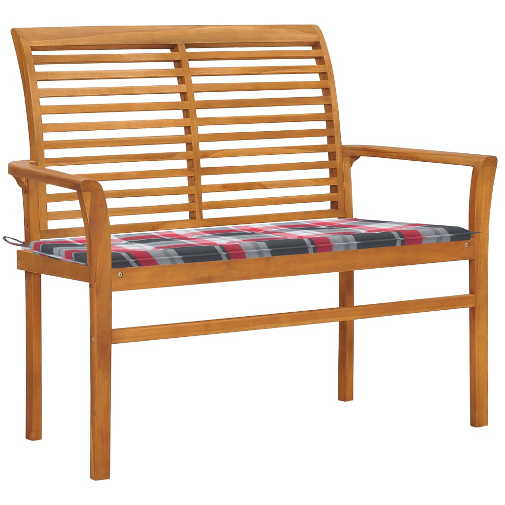Bancă de grădină, pernă roșu carouri, 112 cm, lemn masiv tec