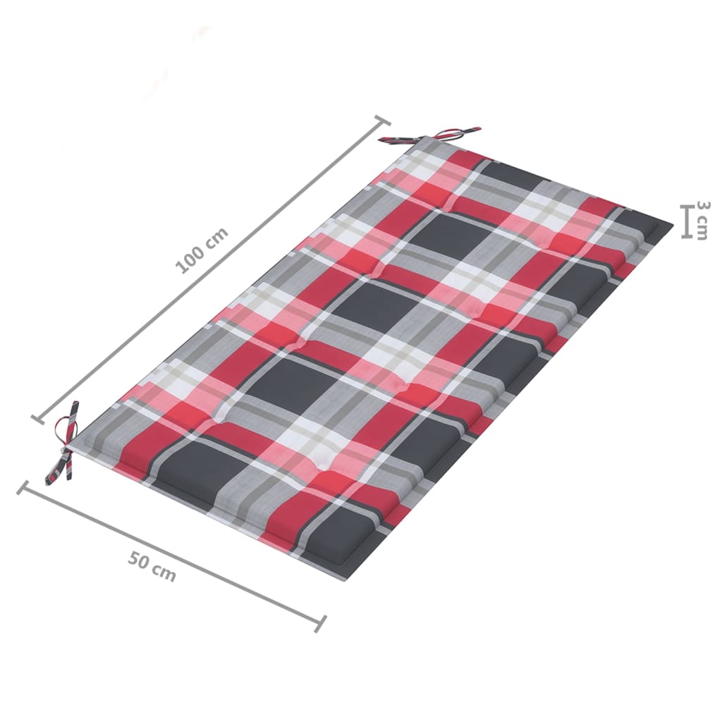Bancă de grădină, pernă roșu carouri, 112 cm, lemn masiv tec