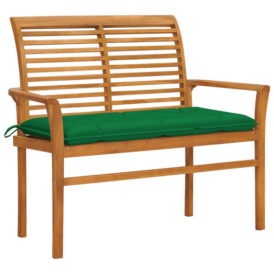 Bancă de grădină, cu pernă verde, 112 cm, lemn masiv de tec