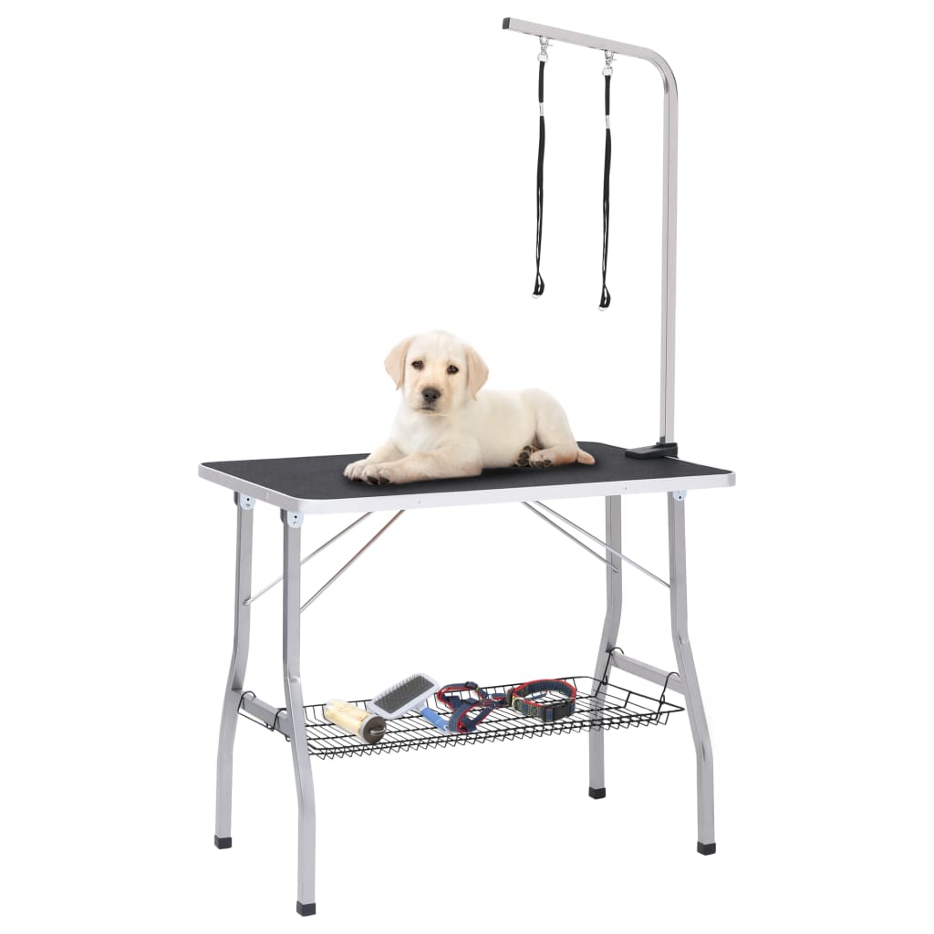 Adjustable dog grooming table with 2 leashes and basket