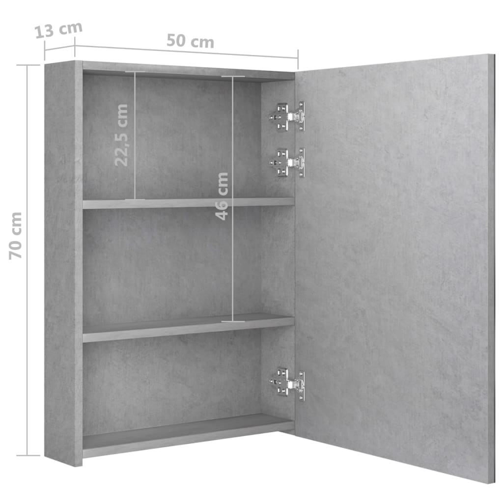 Dulap de baie cu oglindă și LED, gri beton, 50x13x70 cm