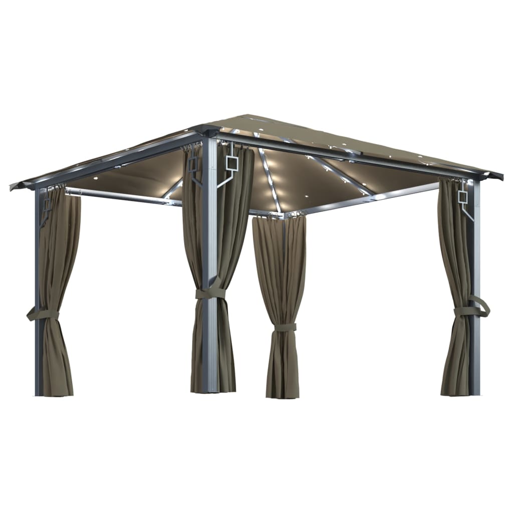 Pavilion cu perdele&șiruri lumini LED gri taupe 3x3 m aluminiu