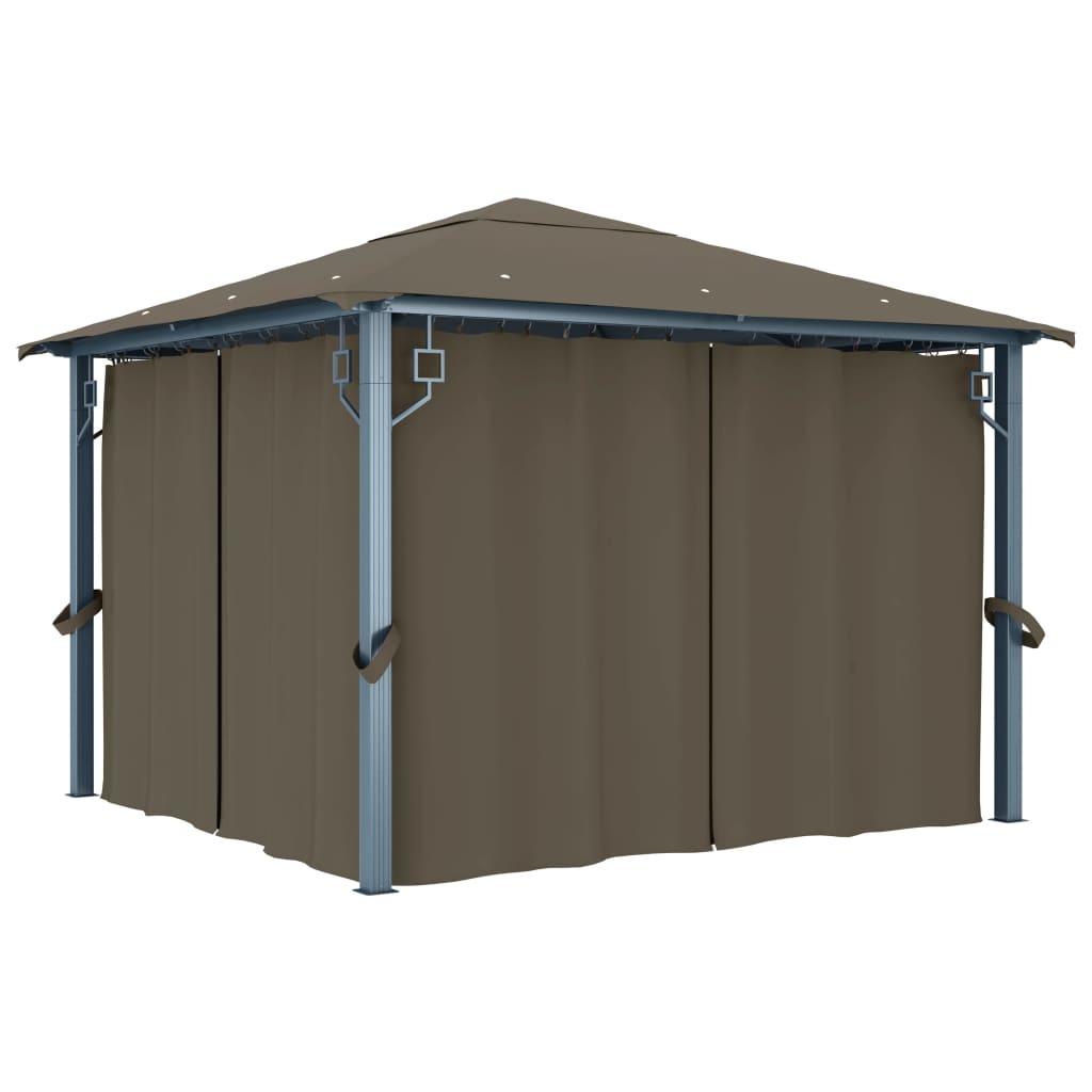 Pavilion cu perdele&șiruri lumini LED gri taupe 3x3 m aluminiu