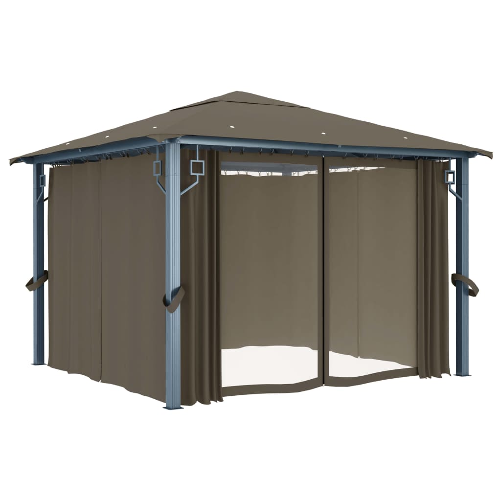 Pavilion cu perdele&șiruri lumini LED gri taupe 3x3 m aluminiu