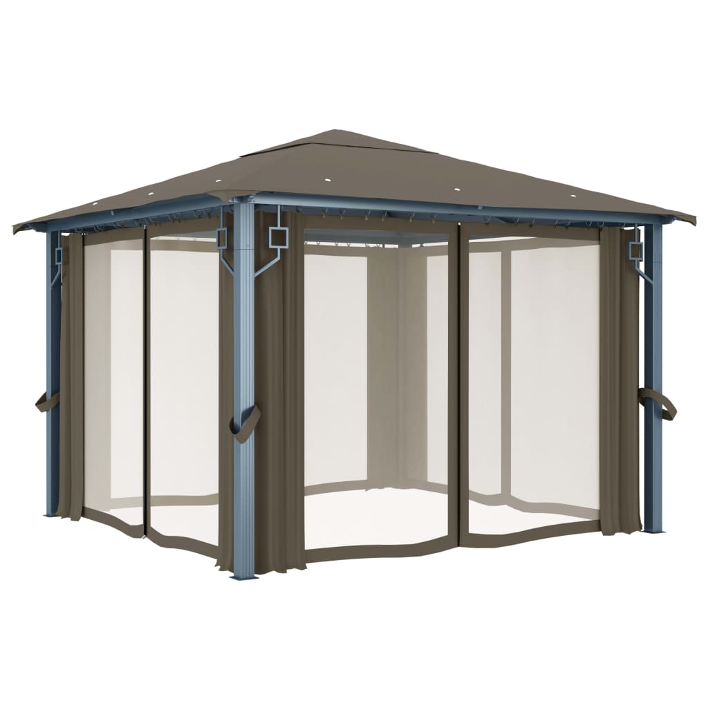 Pavilion cu perdele&șiruri lumini LED gri taupe 3x3 m aluminiu