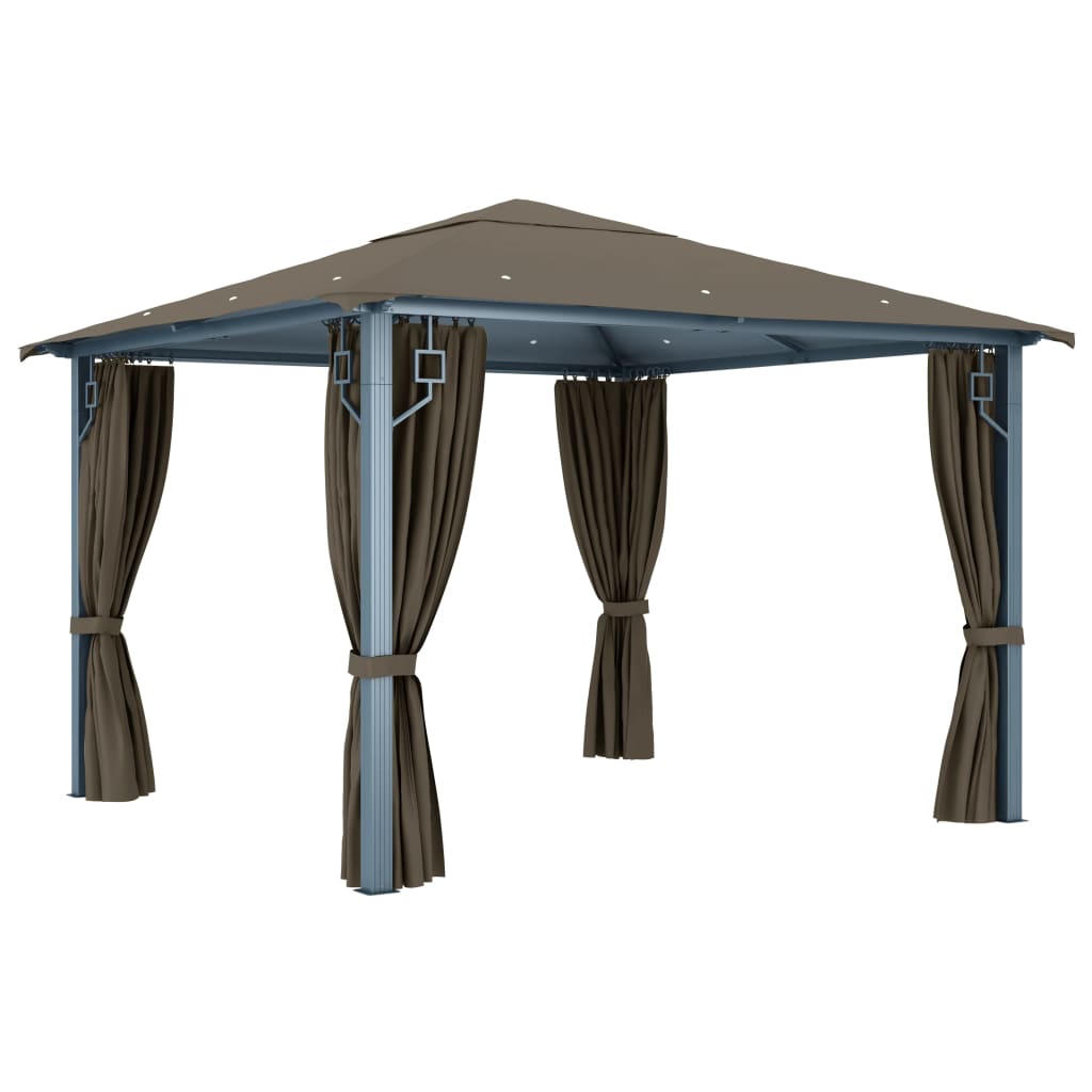 Pavilion cu perdele&șiruri lumini LED gri taupe 3x3 m aluminiu